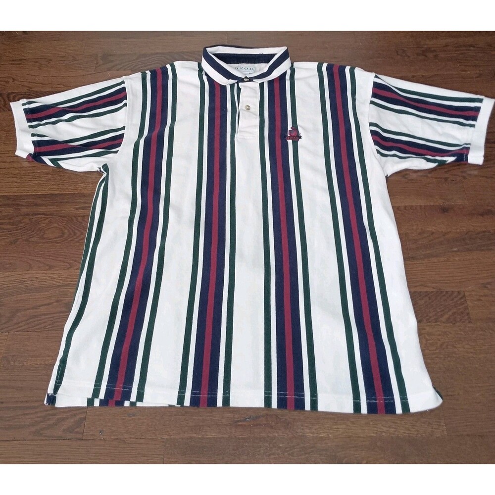 Vintage IZOD Polo Shirt Mens XL Multicolor Vertical Stripe Short Sleeve Golf
